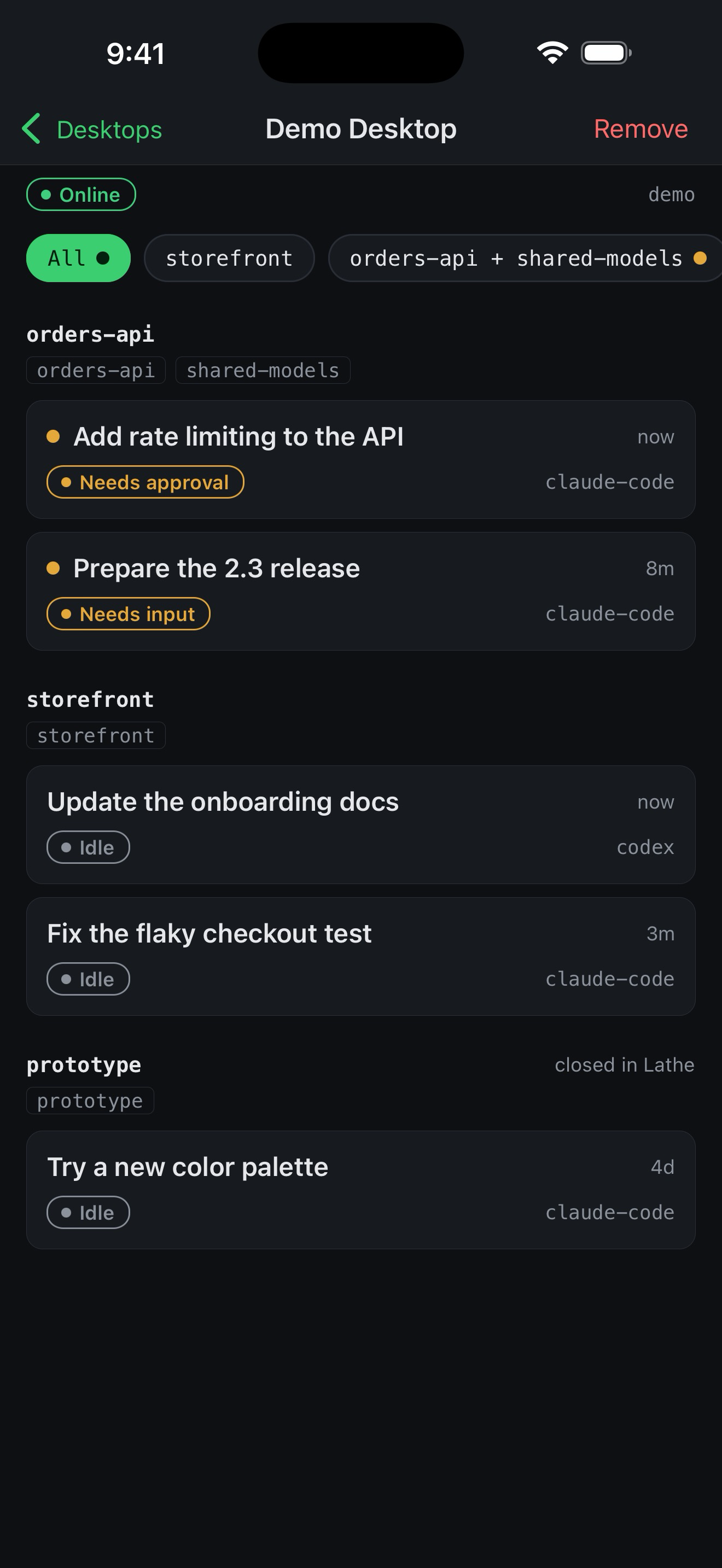 Lathe Companion demo showing coding agent threads and requests needing approval